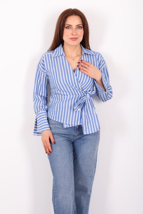Kruvaze Yandan Bağlamalı Mavi Kadın Çizgili Gömlek - Berox