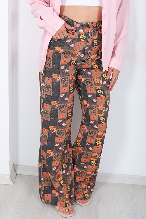 Küçük Çiçek Desenli Açık Kahve Wide Leg Kot Jean - Berox (1)