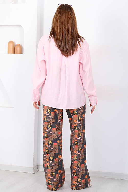Küçük Çiçek Desenli Açık Kahve Wide Leg Kot Jean - 5