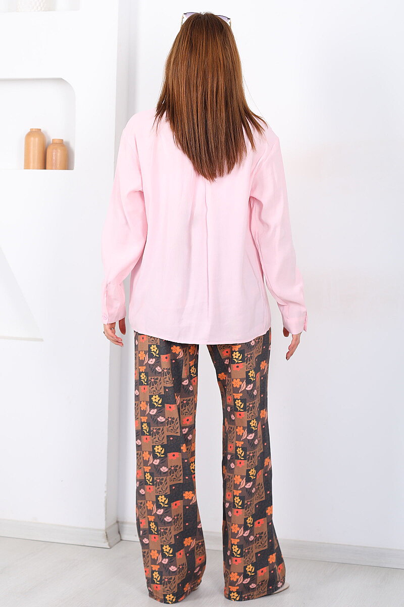 Küçük Çiçek Desenli Açık Kahve Wide Leg Kot Jean - 5