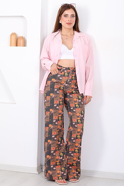 Küçük Çiçek Desenli Açık Kahve Wide Leg Kot Jean - Berox