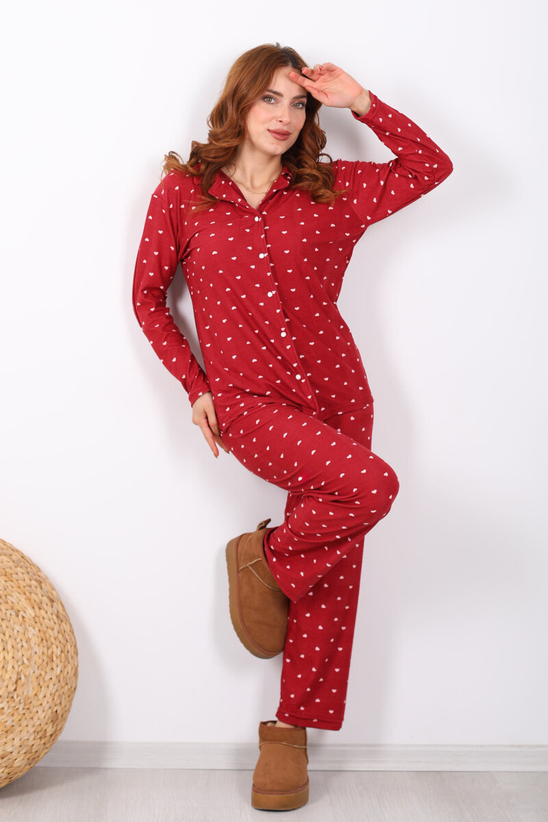 Küçük Kalp Detaylı Bordo Kadın Yumoş Pijama Takım - 4