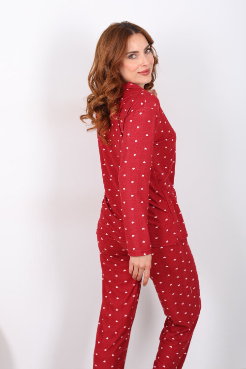 Küçük Kalp Detaylı Bordo Kadın Yumoş Pijama Takım - 5
