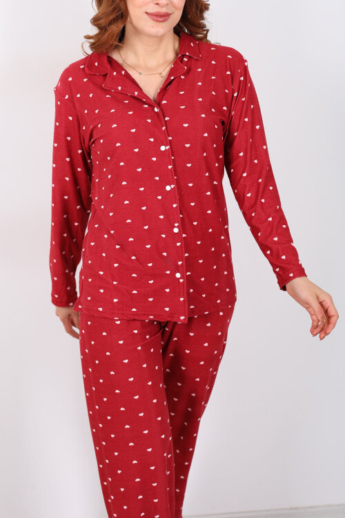 Küçük Kalp Detaylı Bordo Kadın Yumoş Pijama Takım - Berox (1)