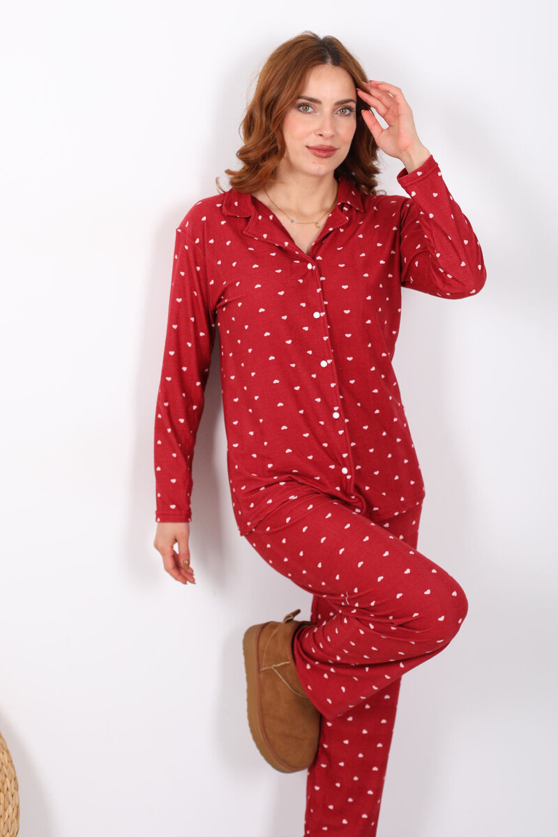 Küçük Kalp Detaylı Bordo Kadın Yumoş Pijama Takım - 3