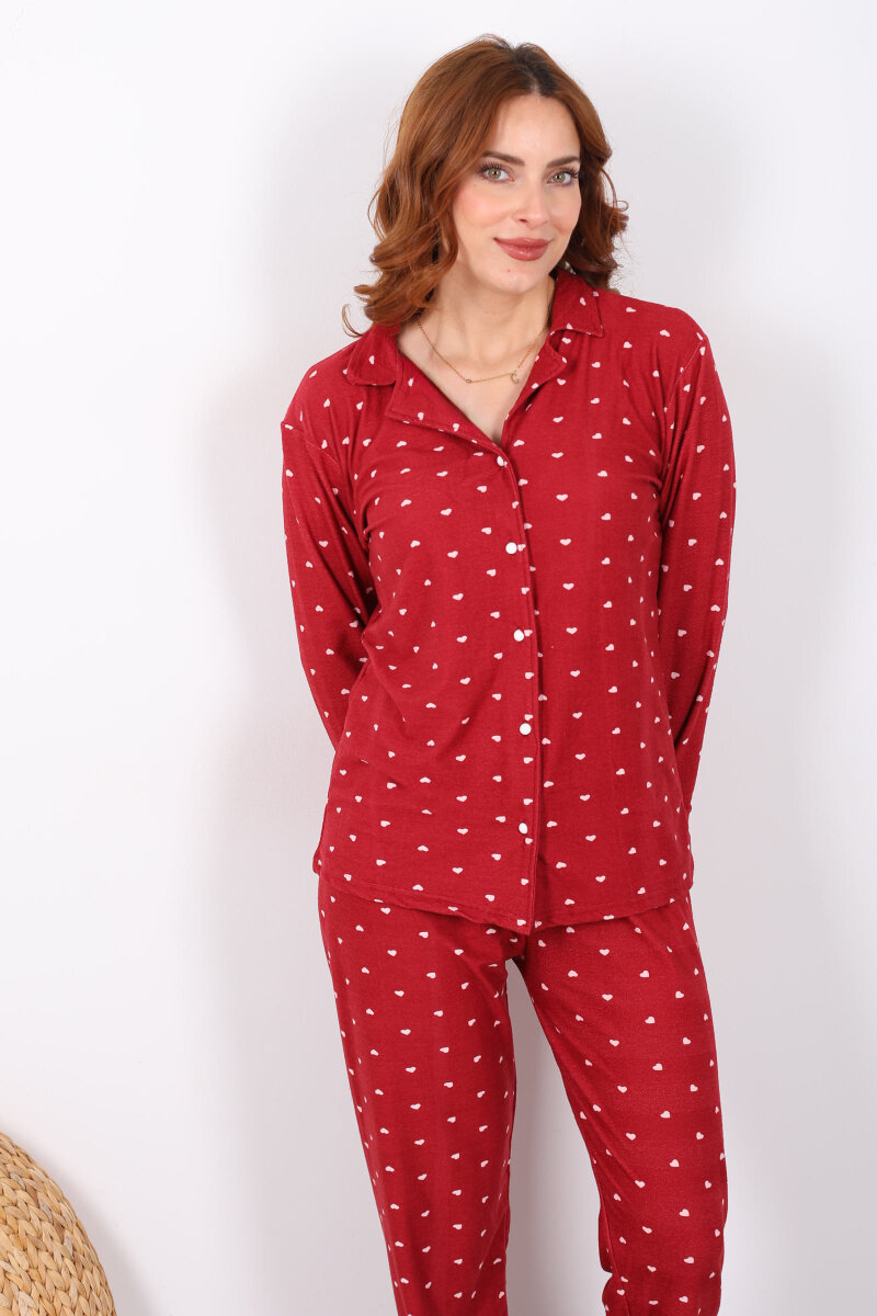 Küçük Kalp Detaylı Bordo Kadın Yumoş Pijama Takım - 6