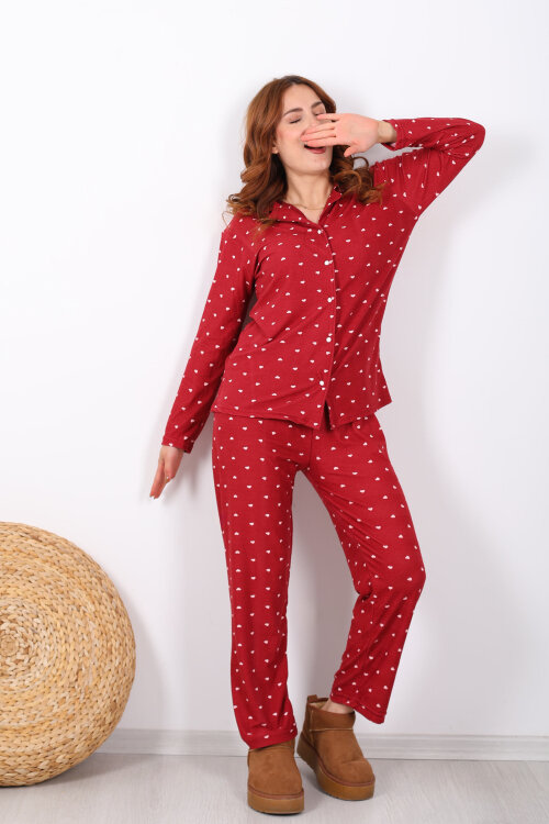 Küçük Kalp Detaylı Bordo Kadın Yumoş Pijama Takım 