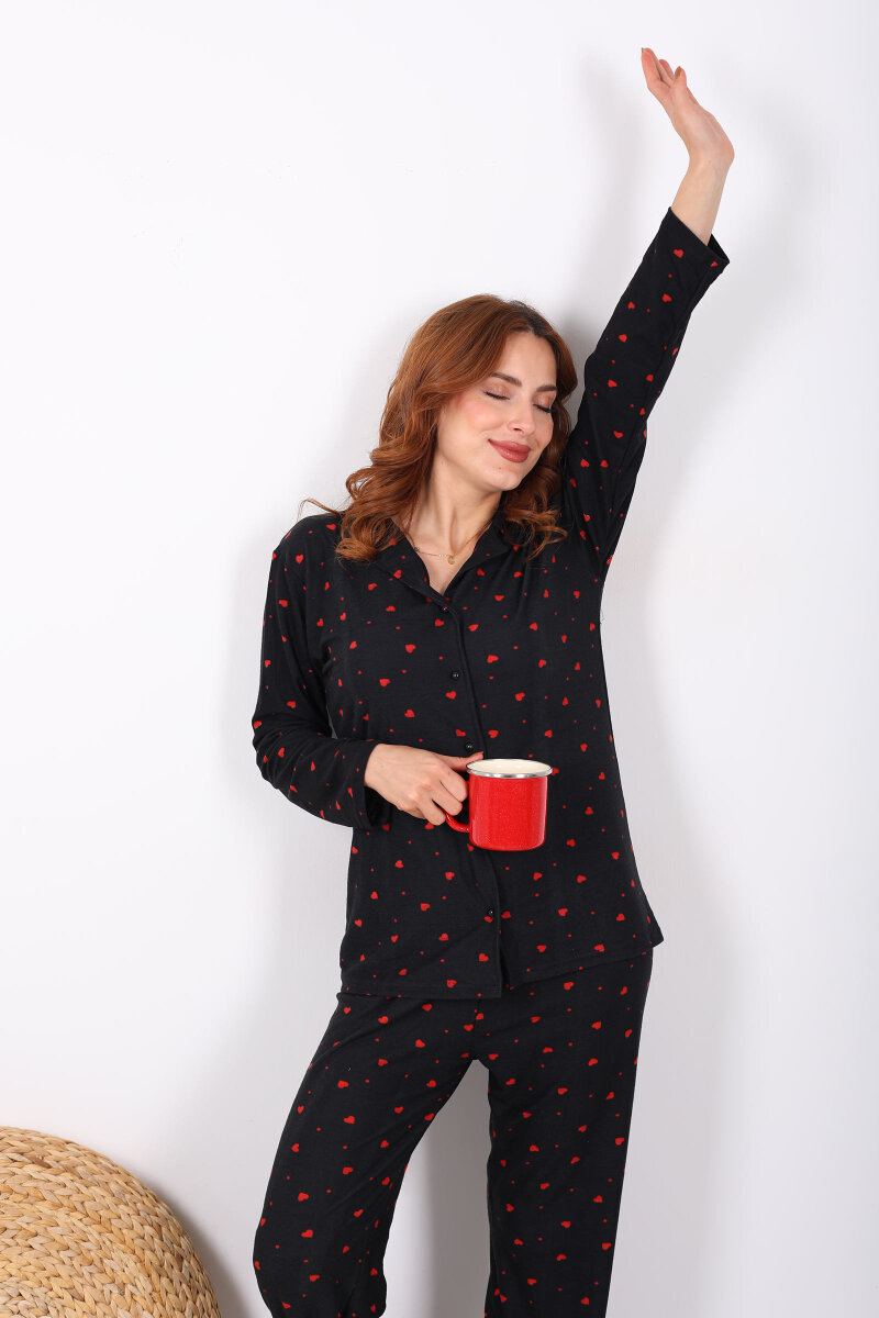 Küçük Kalp Detaylı Siyah Kadın Yumoş Pijama Takım - 4