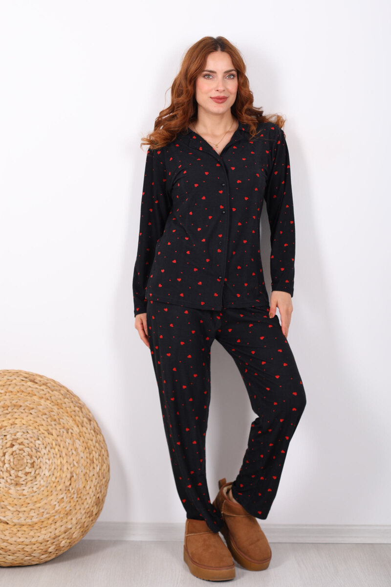 Küçük Kalp Detaylı Siyah Kadın Yumoş Pijama Takım - 6