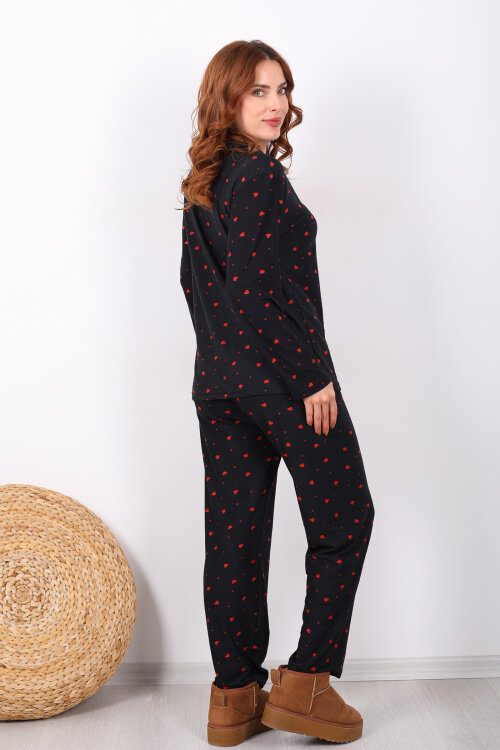 Küçük Kalp Detaylı Siyah Kadın Yumoş Pijama Takım - 5