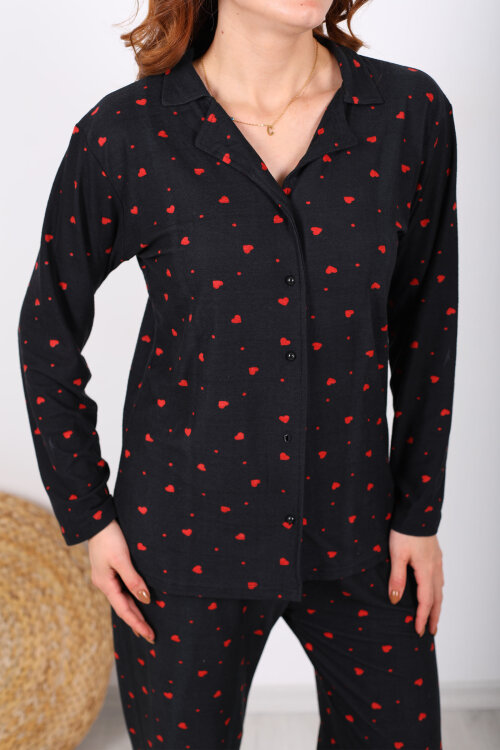 Küçük Kalp Detaylı Siyah Kadın Yumoş Pijama Takım - 2