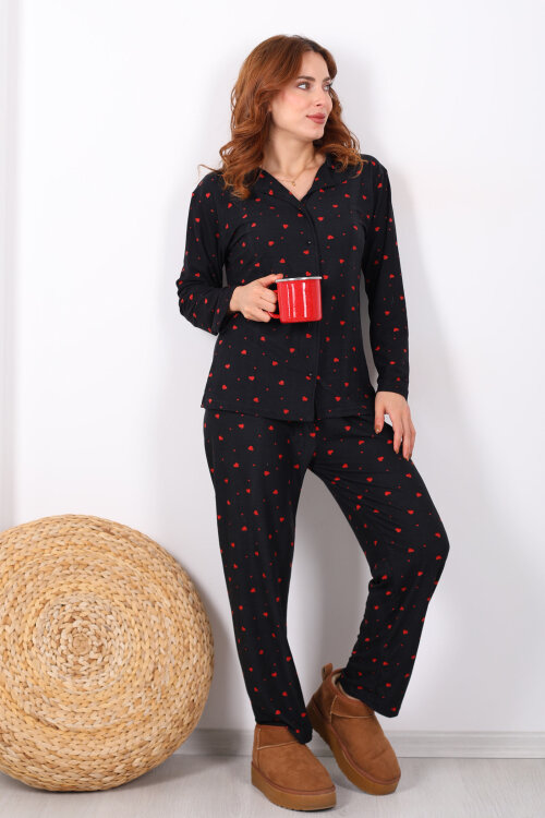 Küçük Kalp Detaylı Siyah Kadın Yumoş Pijama Takım - 3