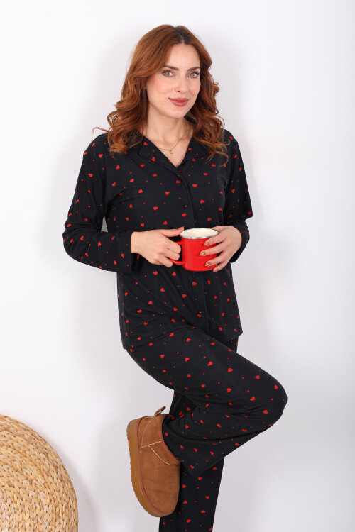 Küçük Kalp Detaylı Siyah Kadın Yumoş Pijama Takım - 1