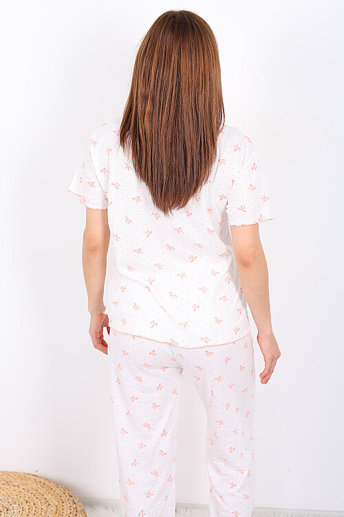 Kurdele Desenli Fiyonklu Pudra Kadın Pijama Takımı - 5