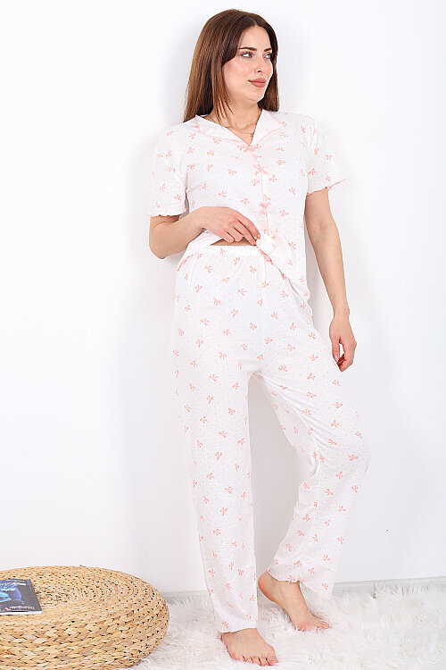 Kurdele Desenli Fiyonklu Pudra Kadın Pijama Takımı - Berox