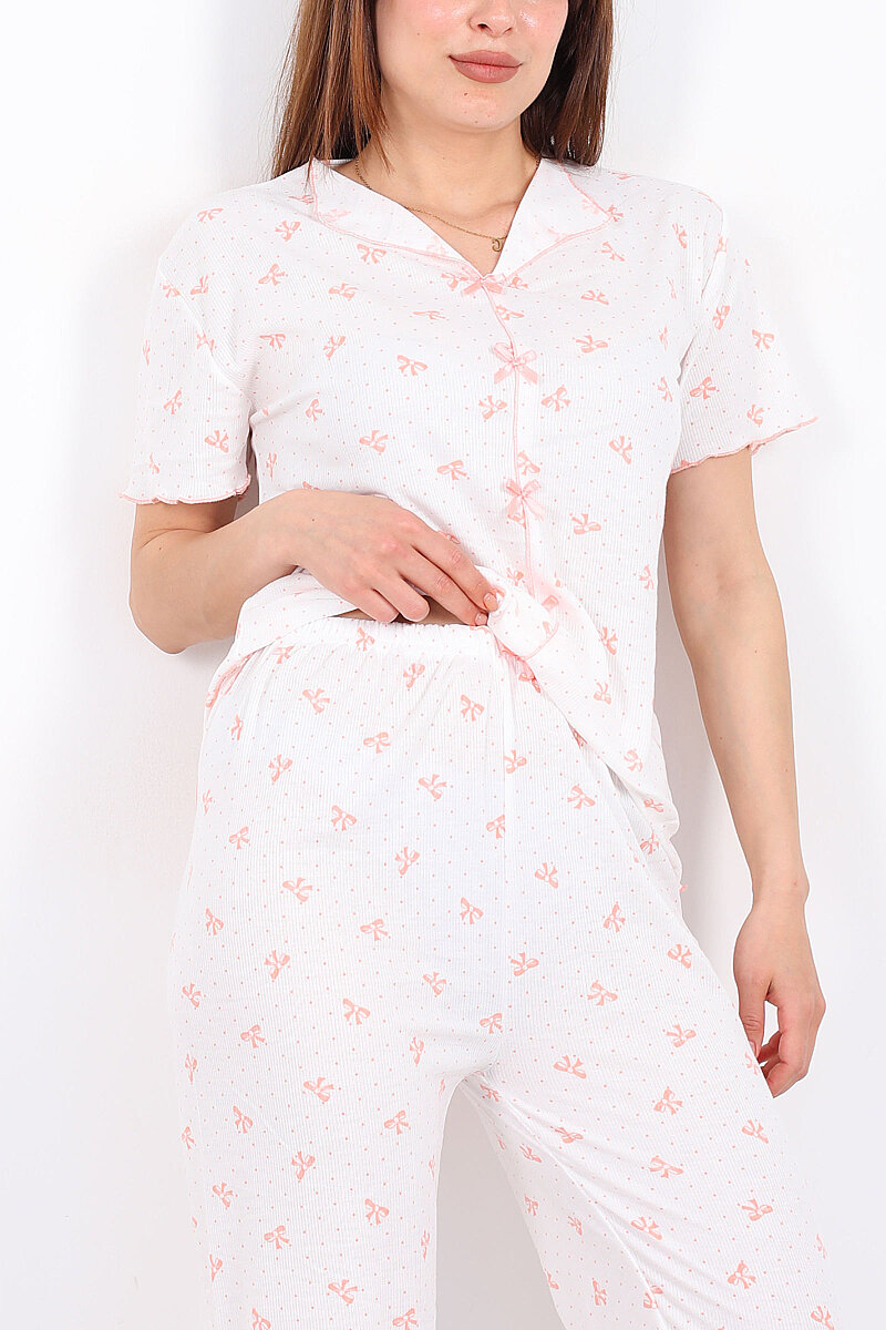 Kurdele Desenli Fiyonklu Pudra Kadın Pijama Takımı - 2