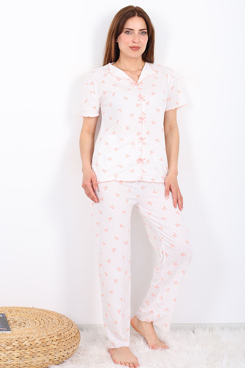 Kurdele Desenli Fiyonklu Pudra Kadın Pijama Takımı - 4