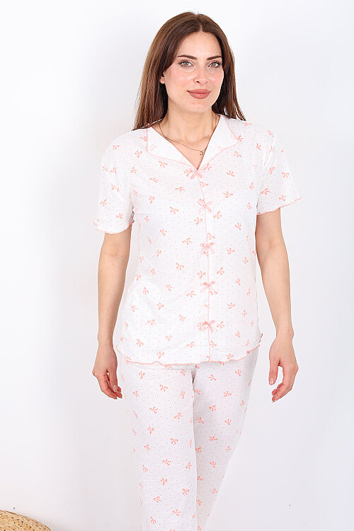 Kurdele Desenli Fiyonklu Pudra Kadın Pijama Takımı - 6