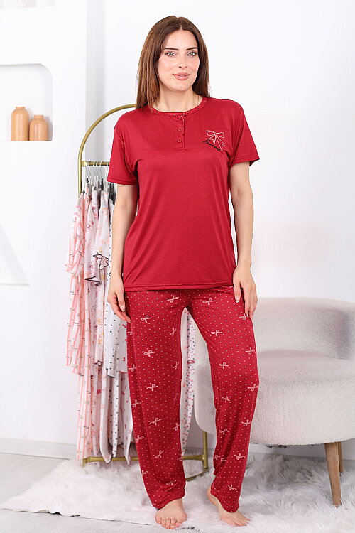 Kurdele ve Benekli Bordo Kadın Yarım Düğmeli Pijama Takımı - 6