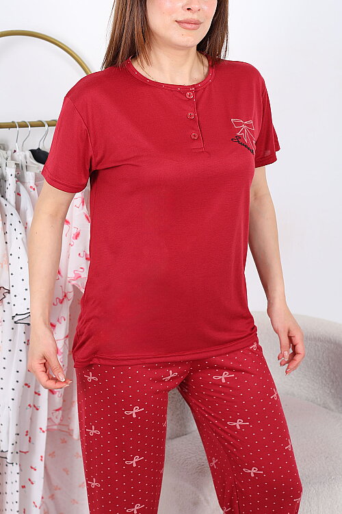 Kurdele ve Benekli Bordo Kadın Yarım Düğmeli Pijama Takımı - Berox (1)