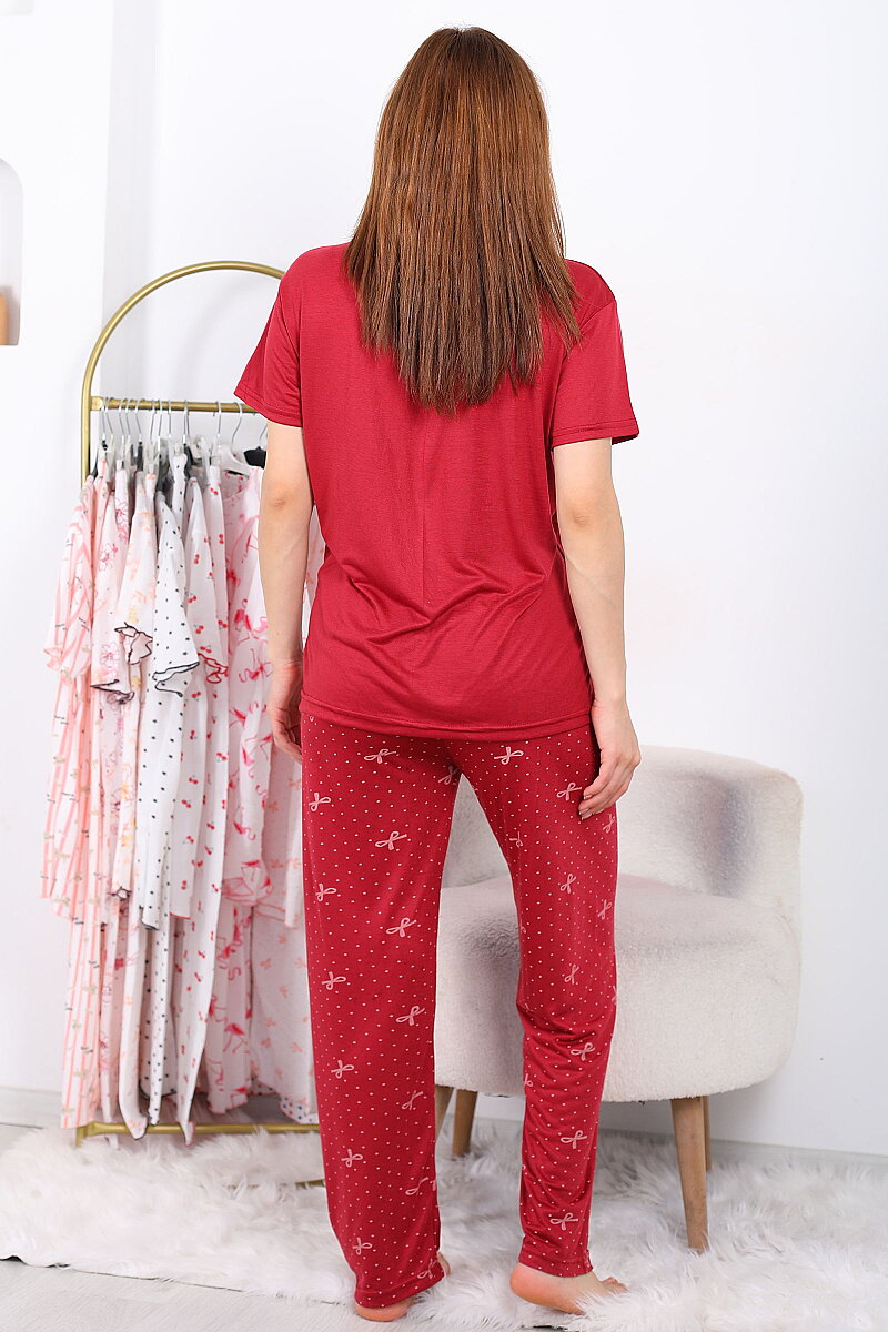 Kurdele ve Benekli Bordo Kadın Yarım Düğmeli Pijama Takımı - 5