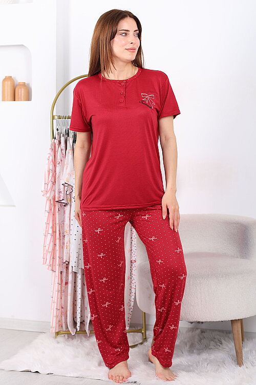 Kurdele ve Benekli Bordo Kadın Yarım Düğmeli Pijama Takımı - 3