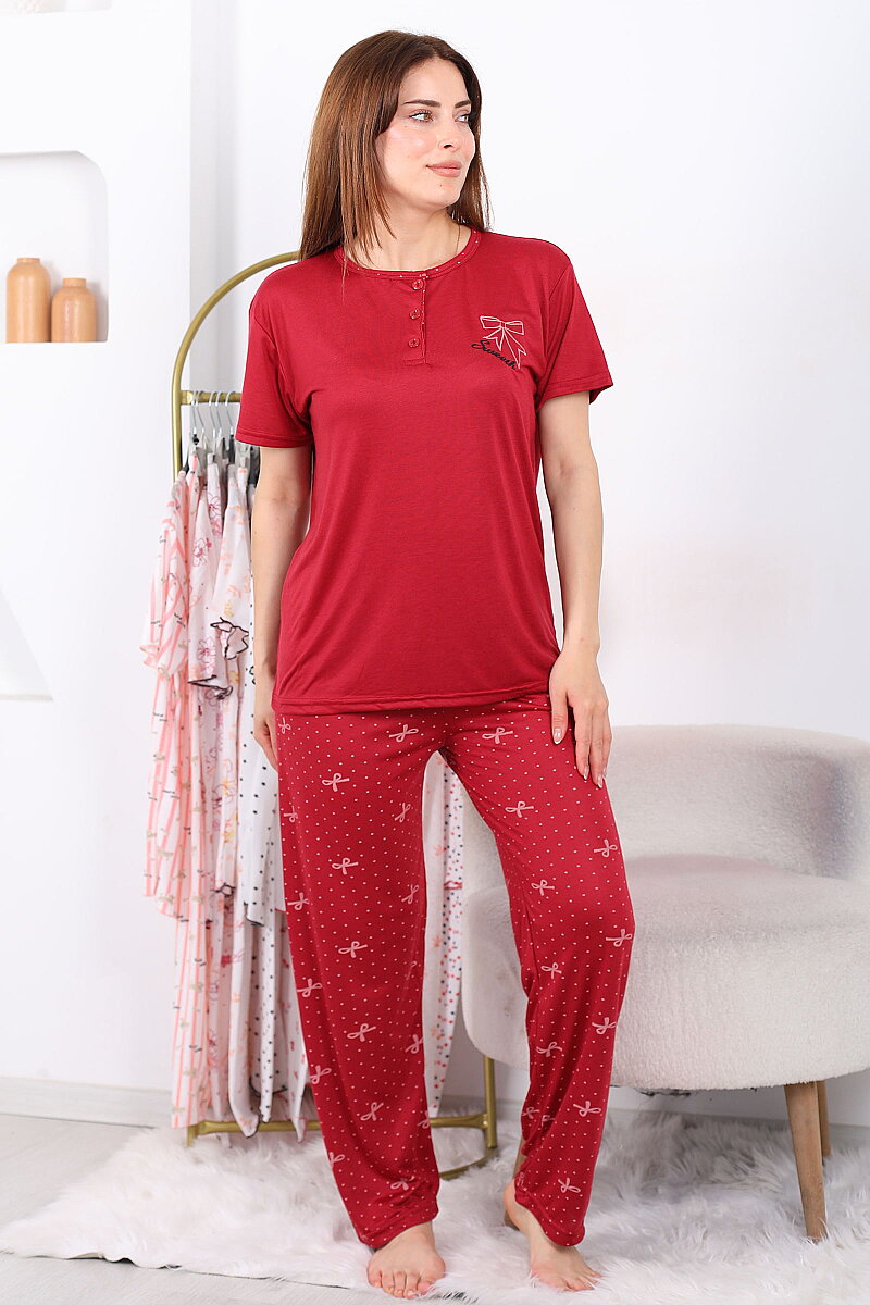 Kurdele ve Benekli Bordo Kadın Yarım Düğmeli Pijama Takımı - 3