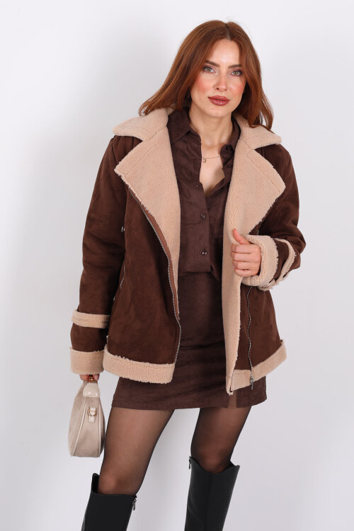 Kürk Biye Detaylı Fermuarlı Acı Kahve Kadın Süet Mont - 7