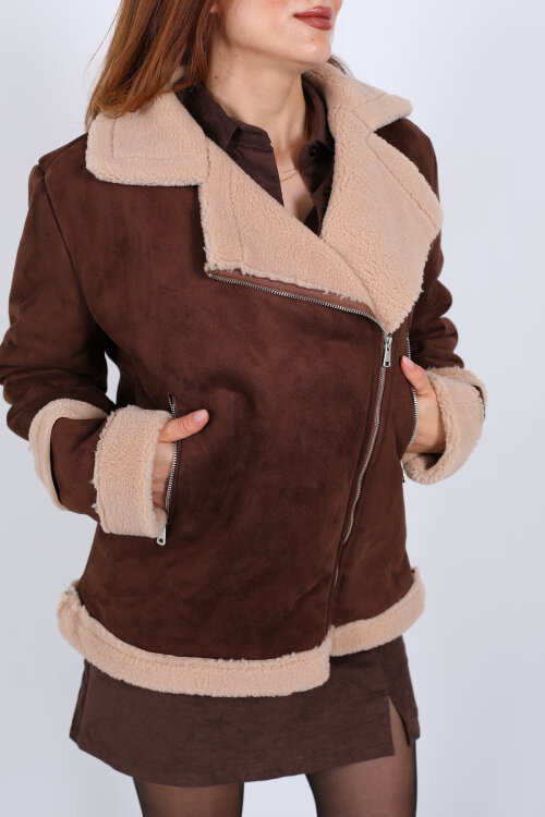 Kürk Biye Detaylı Fermuarlı Acı Kahve Kadın Süet Mont - Berox (1)