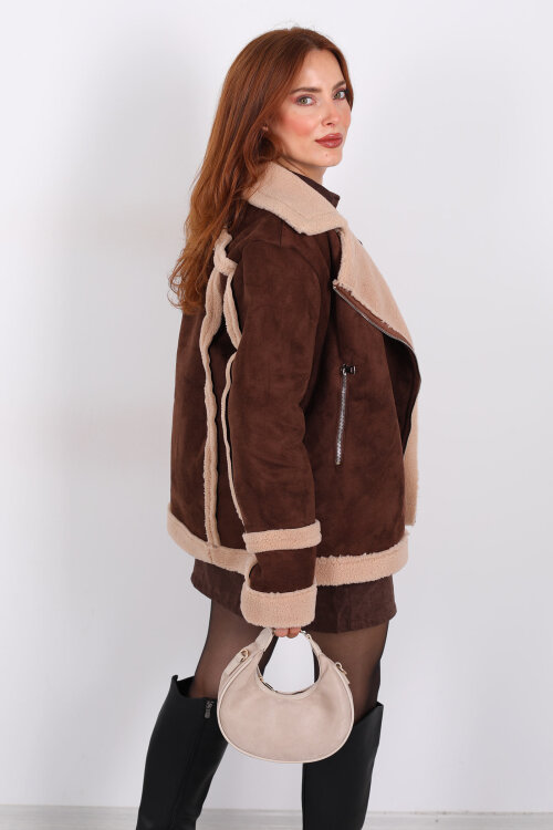 Kürk Biye Detaylı Fermuarlı Acı Kahve Kadın Süet Mont - 6