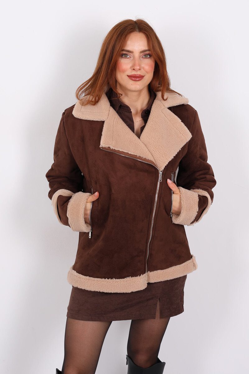 Kürk Biye Detaylı Fermuarlı Acı Kahve Kadın Süet Mont - 5