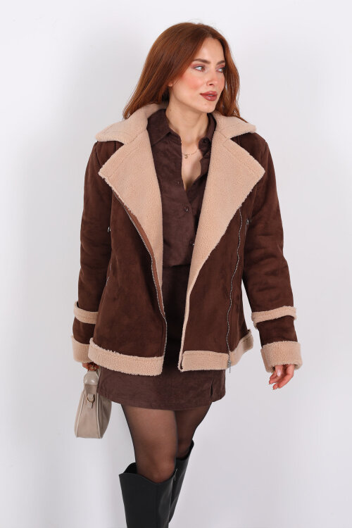 Kürk Biye Detaylı Fermuarlı Acı Kahve Kadın Süet Mont - 8