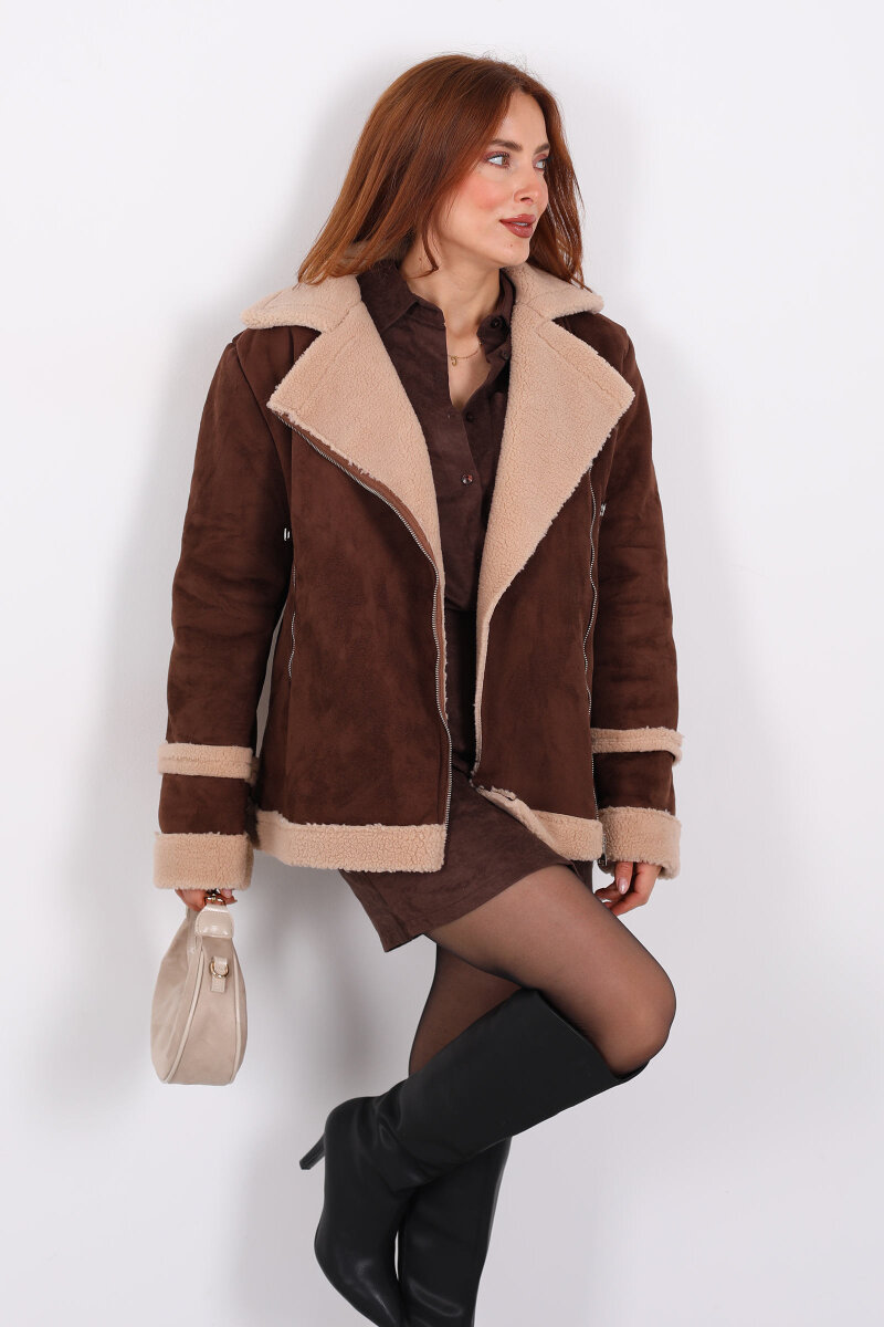 Kürk Biye Detaylı Fermuarlı Acı Kahve Kadın Süet Mont - 1