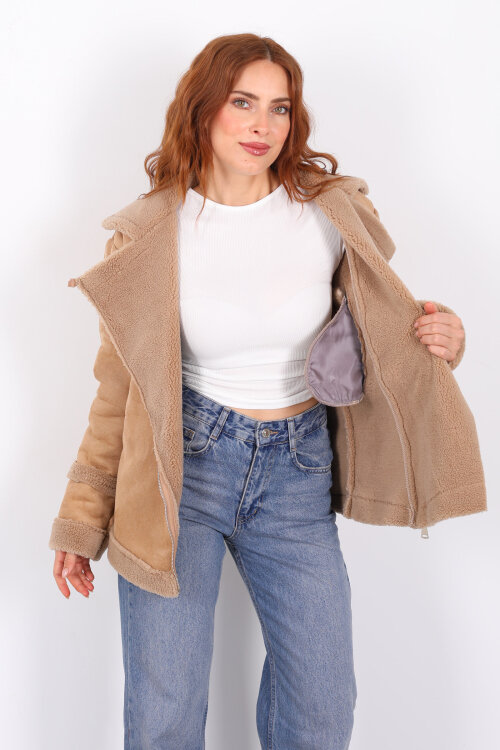 Kürk Biye Detaylı Fermuarlı Camel Kadın Süet Mont - 4