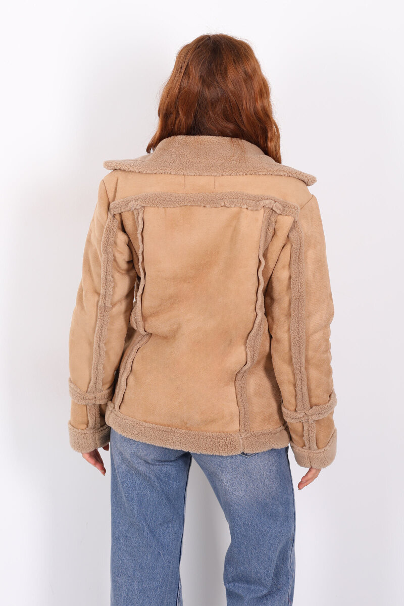 Kürk Biye Detaylı Fermuarlı Camel Kadın Süet Mont - 6