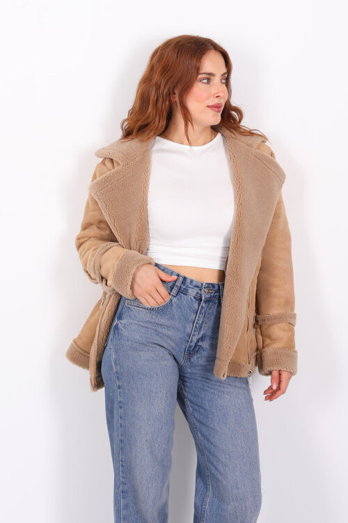 Kürk Biye Detaylı Fermuarlı Camel Kadın Süet Mont - 7