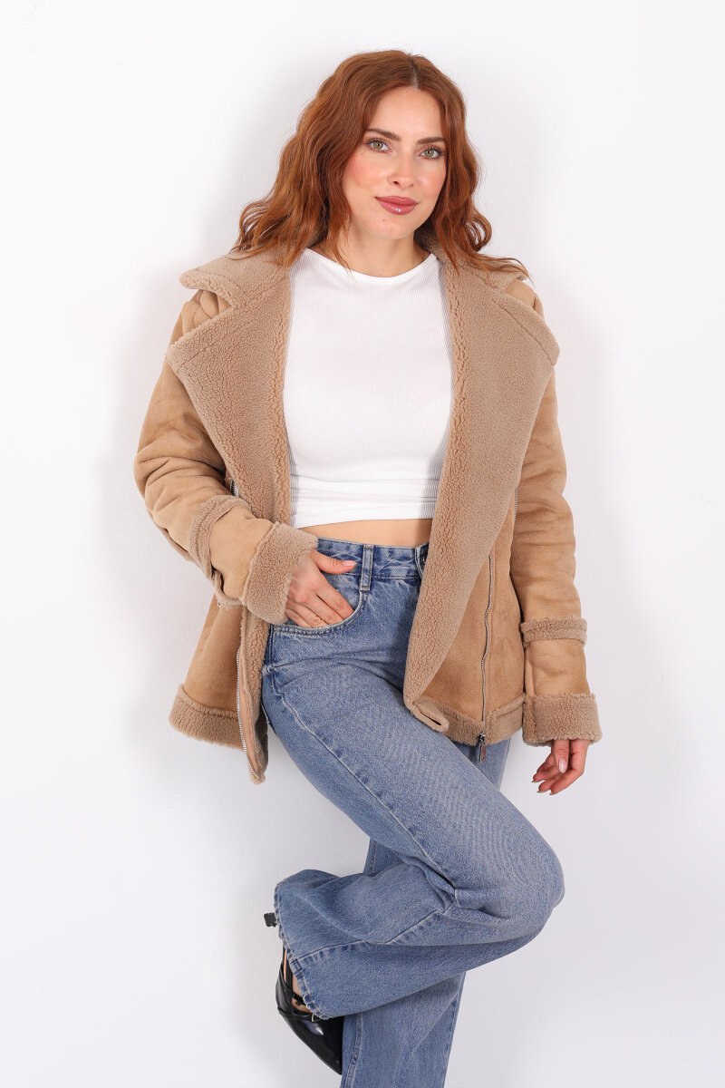 Kürk Biye Detaylı Fermuarlı Camel Kadın Süet Mont - 1