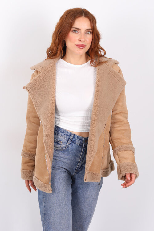 Kürk Biye Detaylı Fermuarlı Camel Kadın Süet Mont - 3