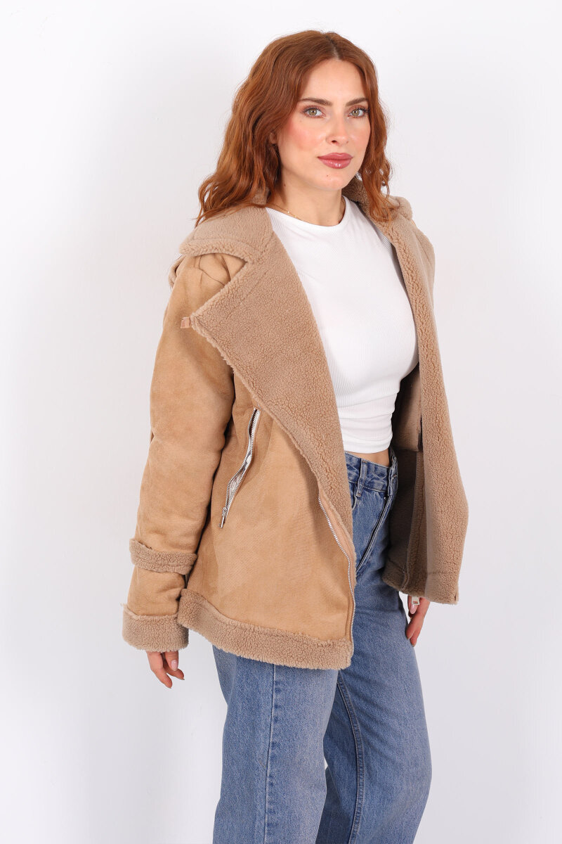 Kürk Biye Detaylı Fermuarlı Camel Kadın Süet Mont - 5