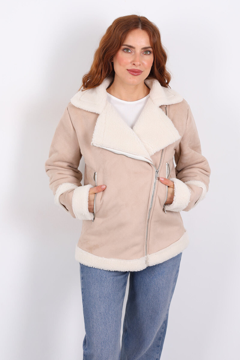 Kürk Biye Detaylı Fermuarlı Krem Kadın Süet Mont - 5