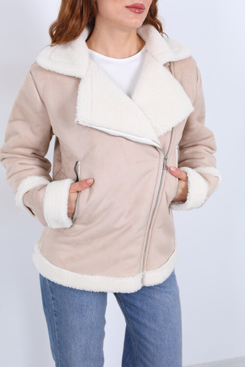 Kürk Biye Detaylı Fermuarlı Krem Kadın Süet Mont - Berox (1)