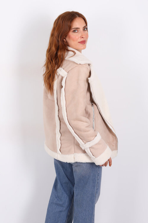Kürk Biye Detaylı Fermuarlı Krem Kadın Süet Mont - 6