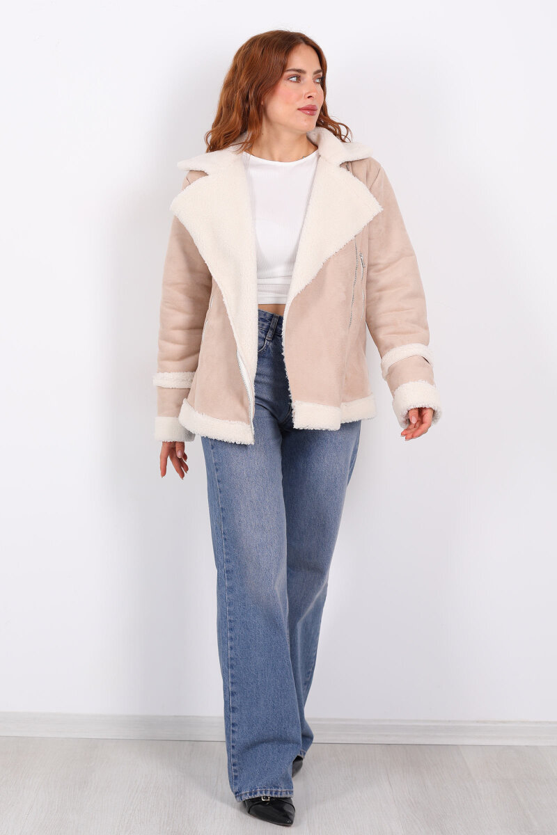 Kürk Biye Detaylı Fermuarlı Krem Kadın Süet Mont - 3