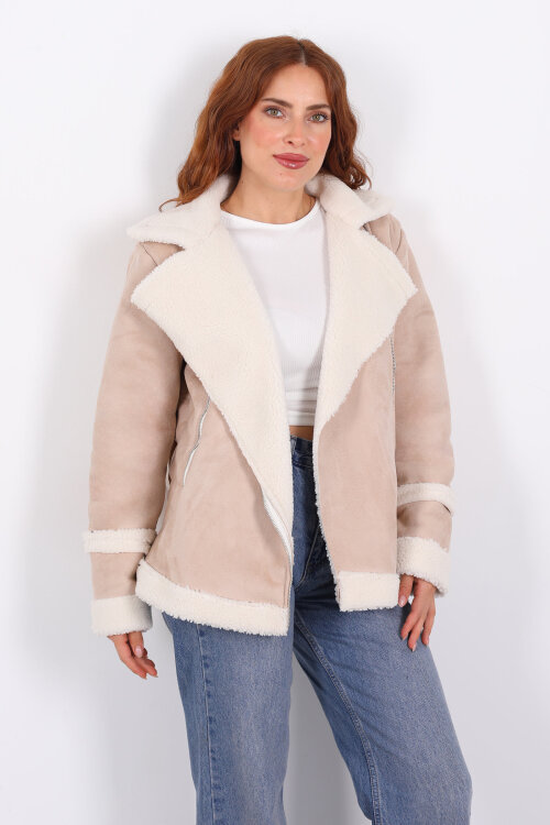 Kürk Biye Detaylı Fermuarlı Krem Kadın Süet Mont - 4