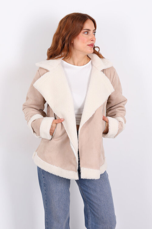 Kürk Biye Detaylı Fermuarlı Krem Kadın Süet Mont - Berox