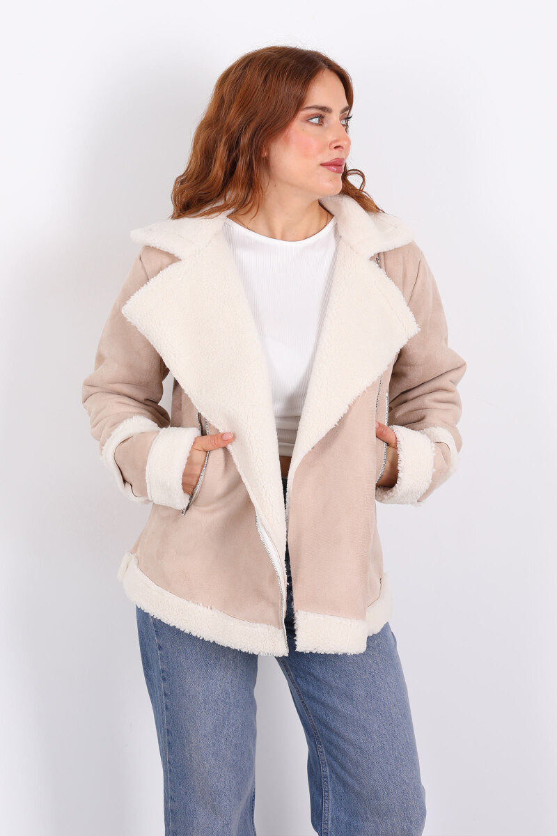 Kürk Biye Detaylı Fermuarlı Krem Kadın Süet Mont - 1