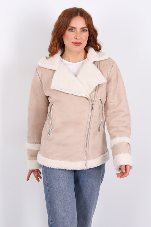 Kürk Biye Detaylı Fermuarlı Krem Kadın Süet Mont - 7