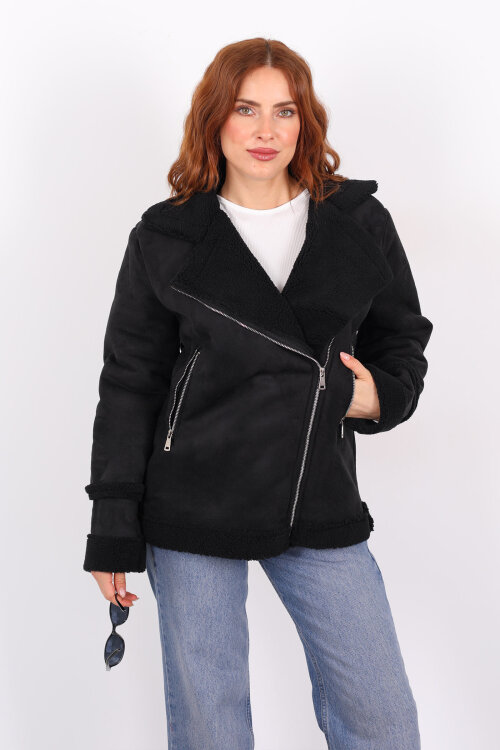 Kürk Biye Detaylı Fermuarlı Siyah Kadın Süet Mont - 5