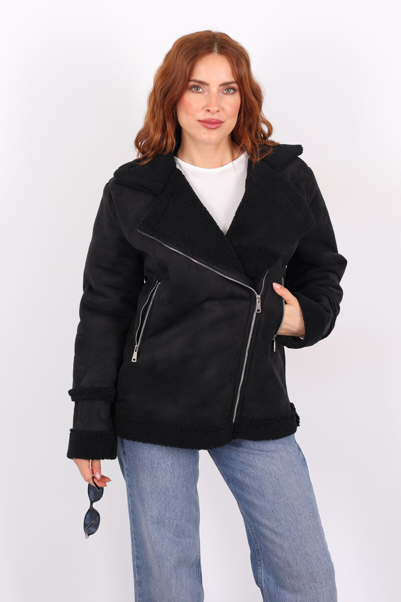 Kürk Biye Detaylı Fermuarlı Siyah Kadın Süet Mont - 5