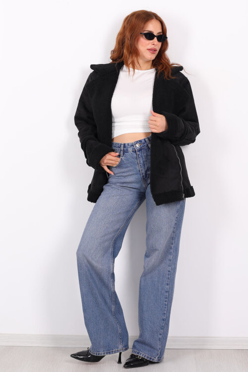 Kürk Biye Detaylı Fermuarlı Siyah Kadın Süet Mont - 3